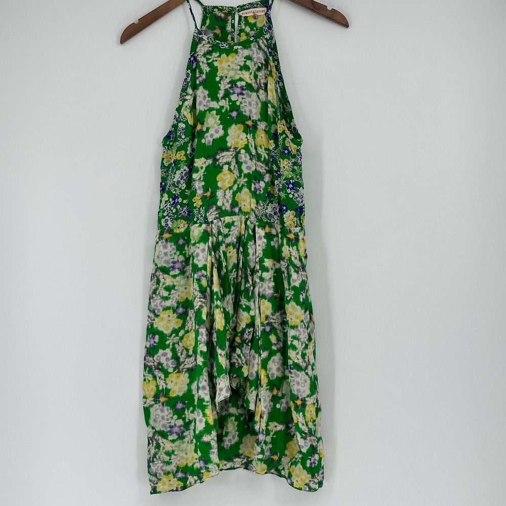 Rebecca Taylor 100% Silk Green Ikat Floral Halter Tiered Ruffle Dress Size 4